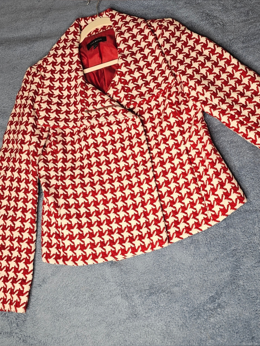 Talbots Red & Cream Houndstooth Wool-Blend Peplum Jacket